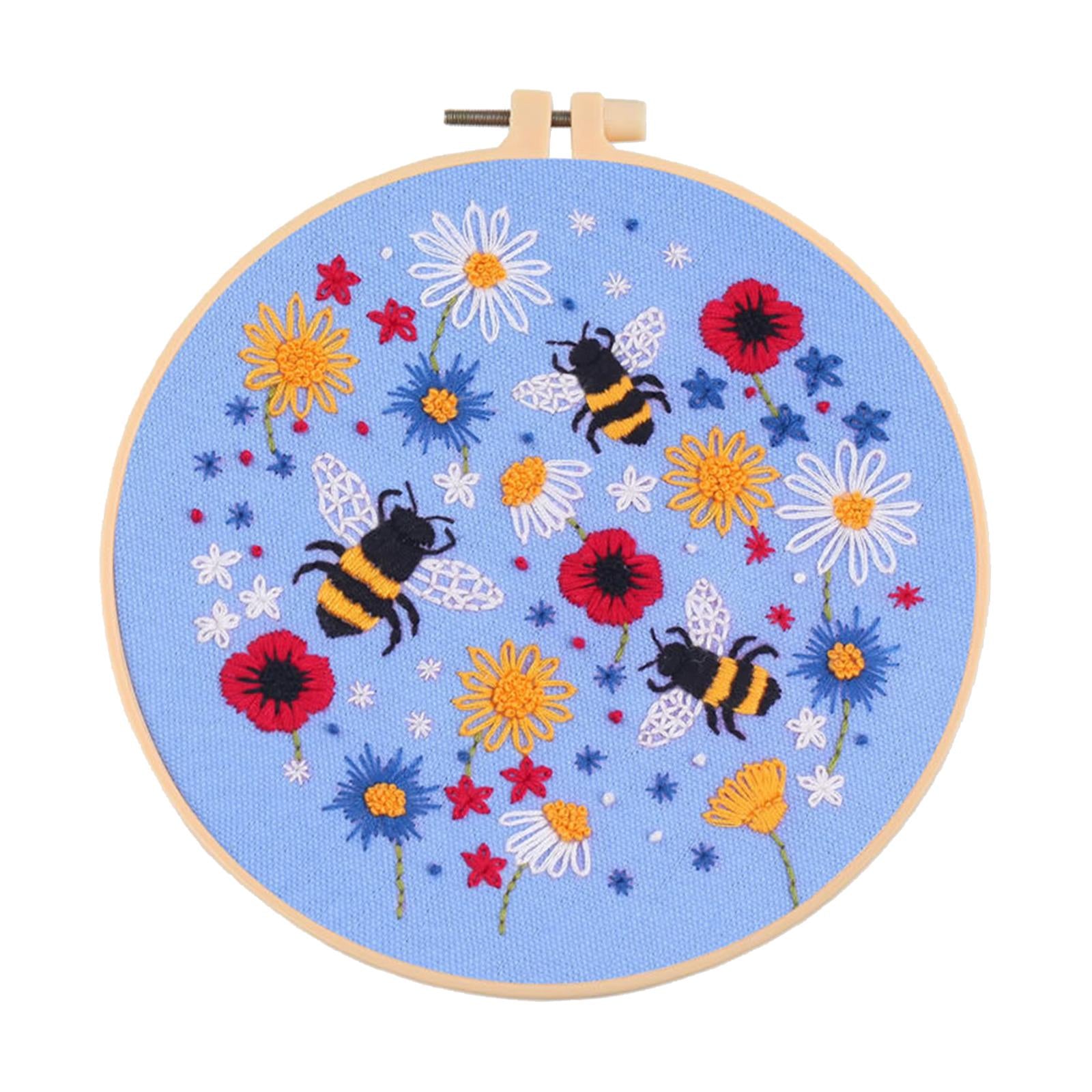 Cross Stitch Kit Floral Patterned Fabric Needles Bamboo Hoop Sewing Blue