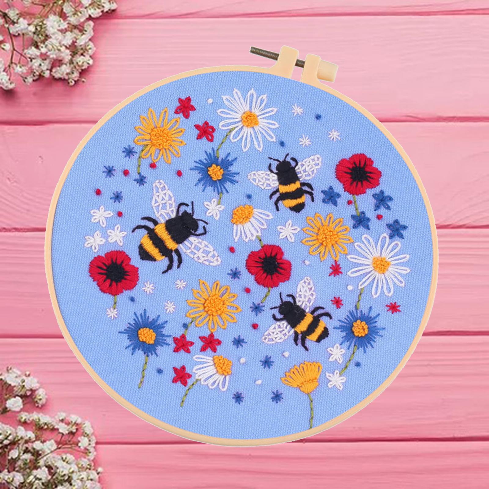 Cross Stitch Kit Floral Patterned Fabric Needles Bamboo Hoop Sewing Blue
