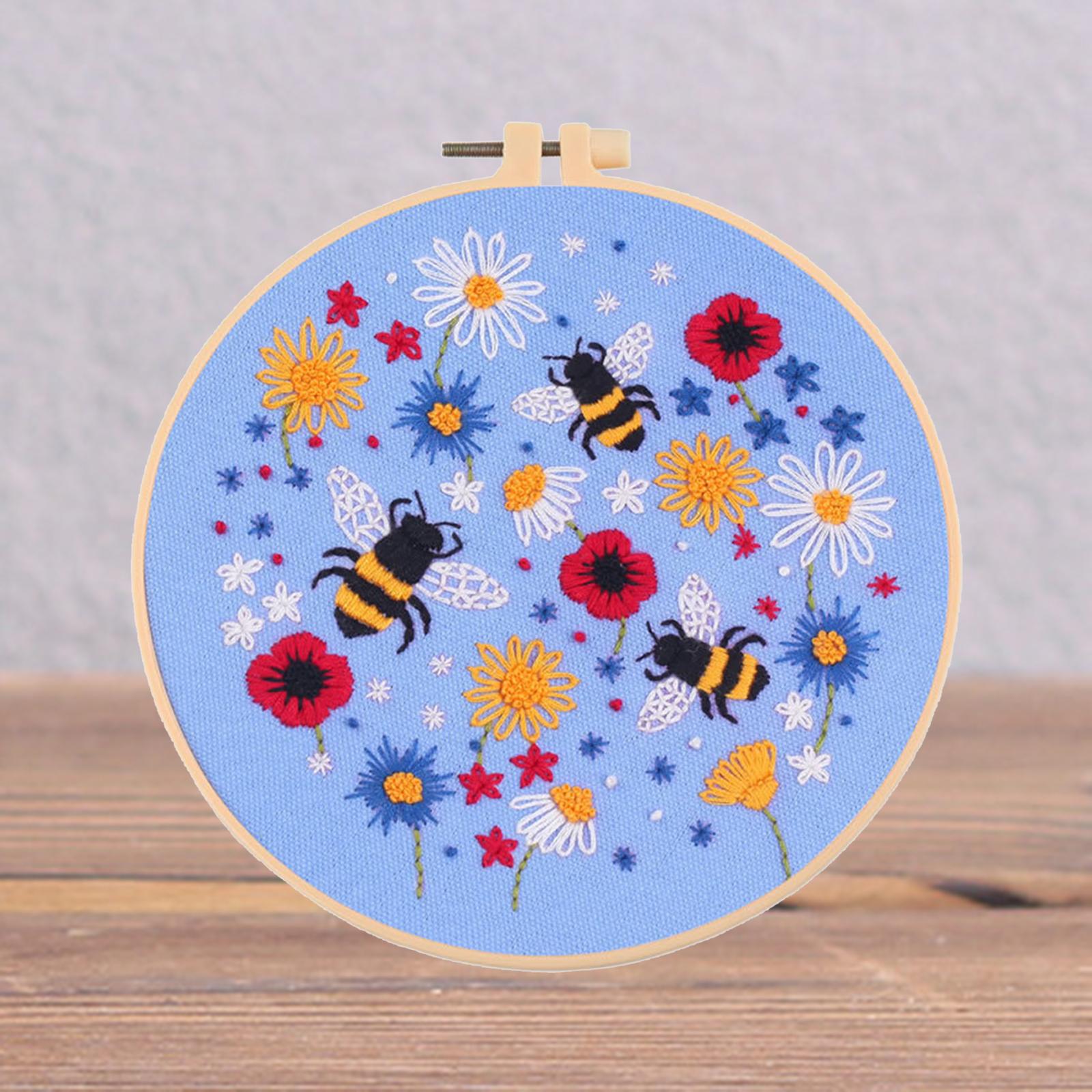 Cross Stitch Kit Floral Patterned Fabric Needles Bamboo Hoop Sewing Blue