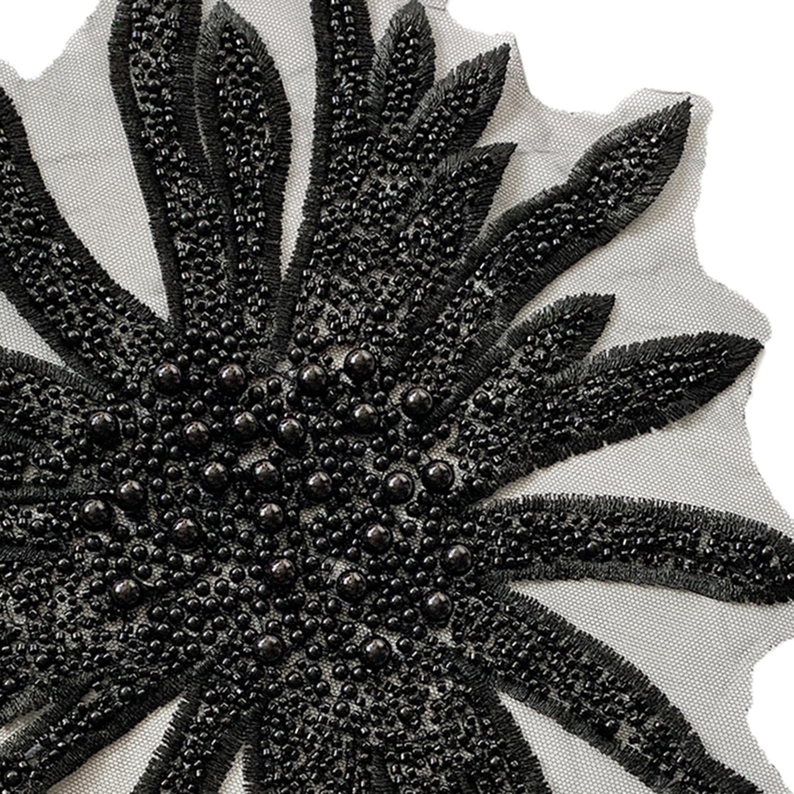 Faux Pearls Flower Patches Sew on Paste Embroidered Trim Appliques Black