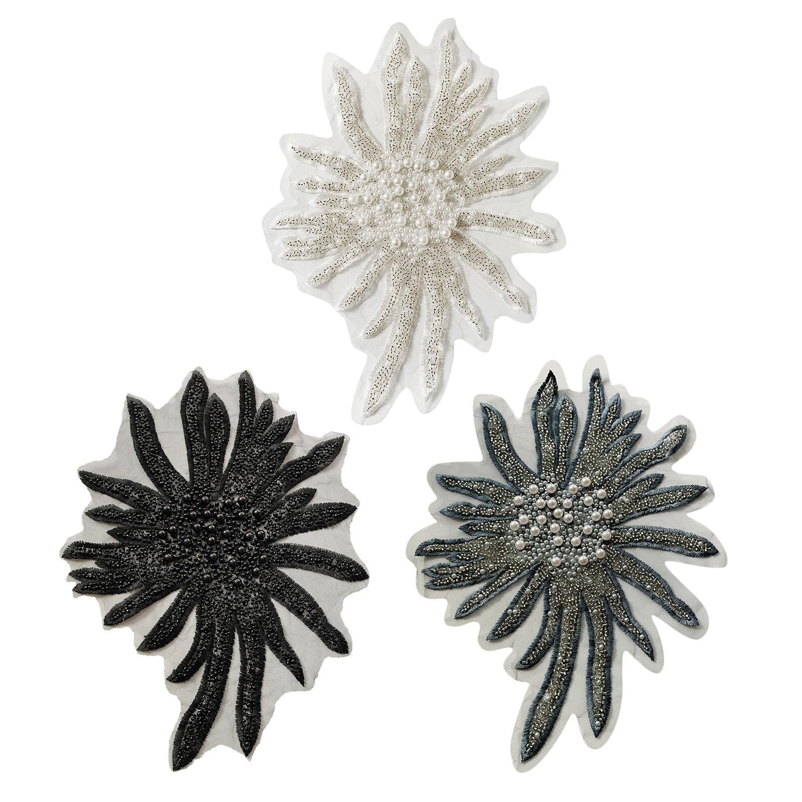 Faux Pearls Flower Patches Sew on Paste Embroidered Trim Appliques Black
