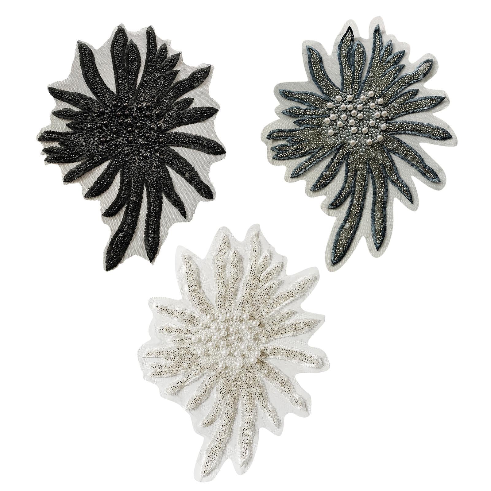 Faux Pearls Flower Patches Sew on Paste Embroidered Trim Appliques Black