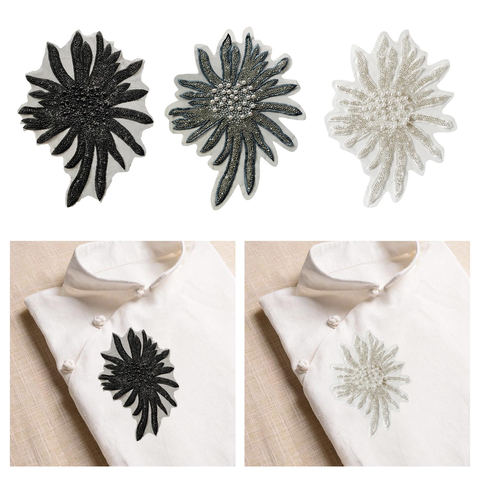 Faux Pearls Flower Patches Sew on Paste Embroidered Trim Appliques Black