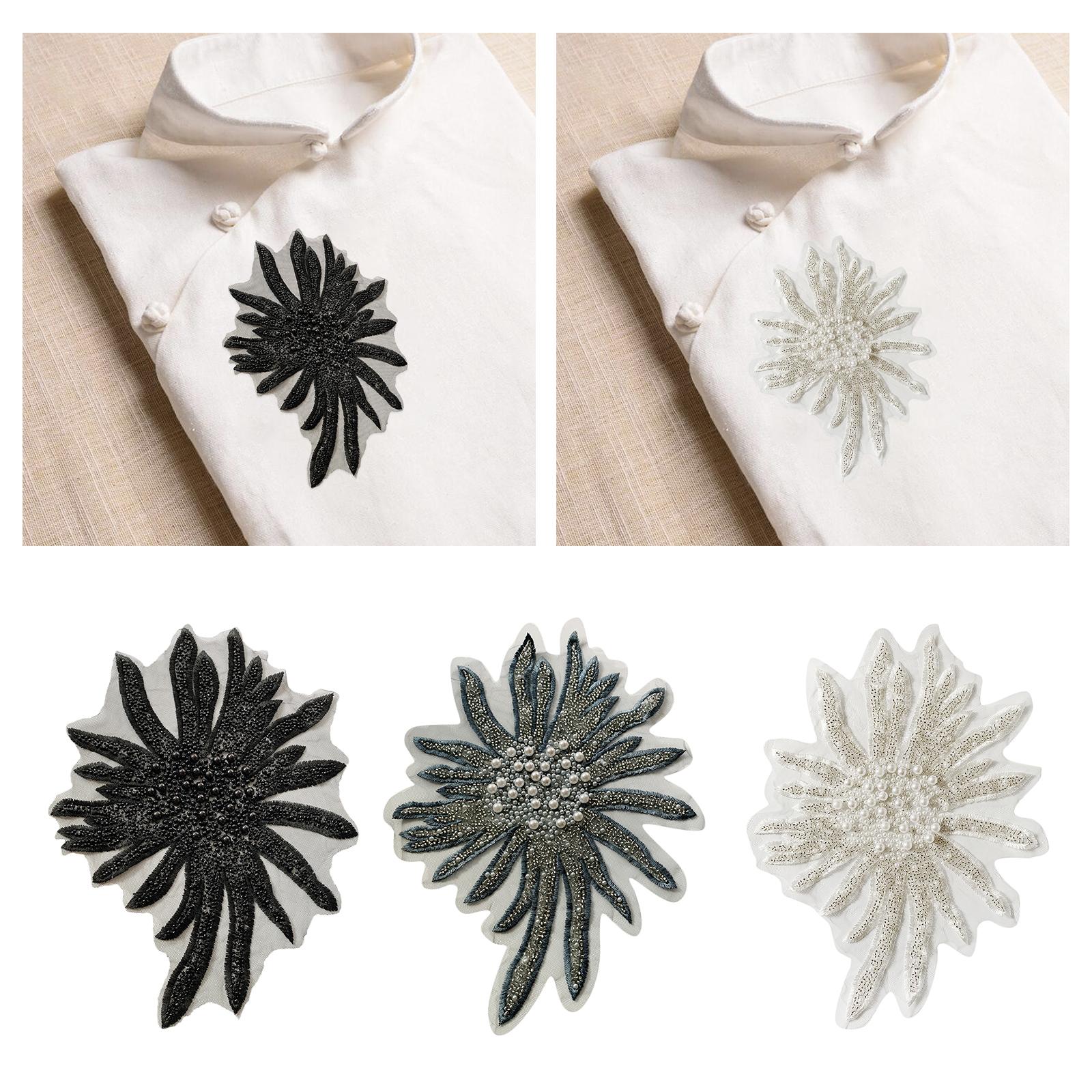 Faux Pearls Flower Patches Sew on Paste Embroidered Trim Appliques Black