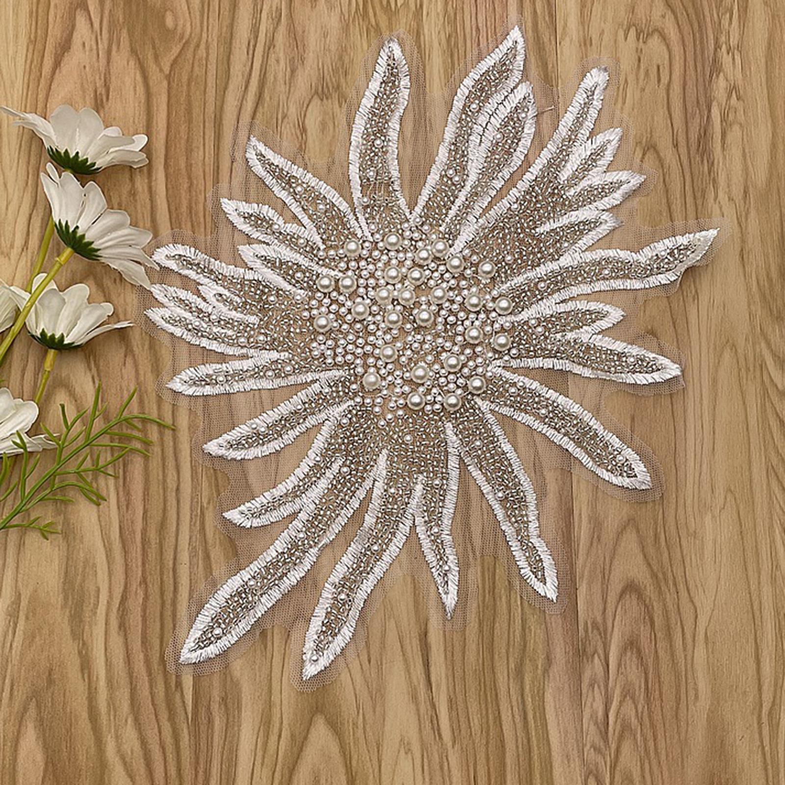 Faux Pearls Flower Patches Sew on Paste Embroidered Trim Appliques White