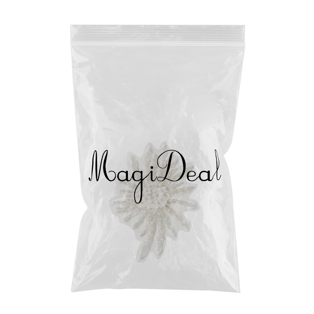 Faux Pearls Flower Patches Sew on Paste Embroidered Trim Appliques White