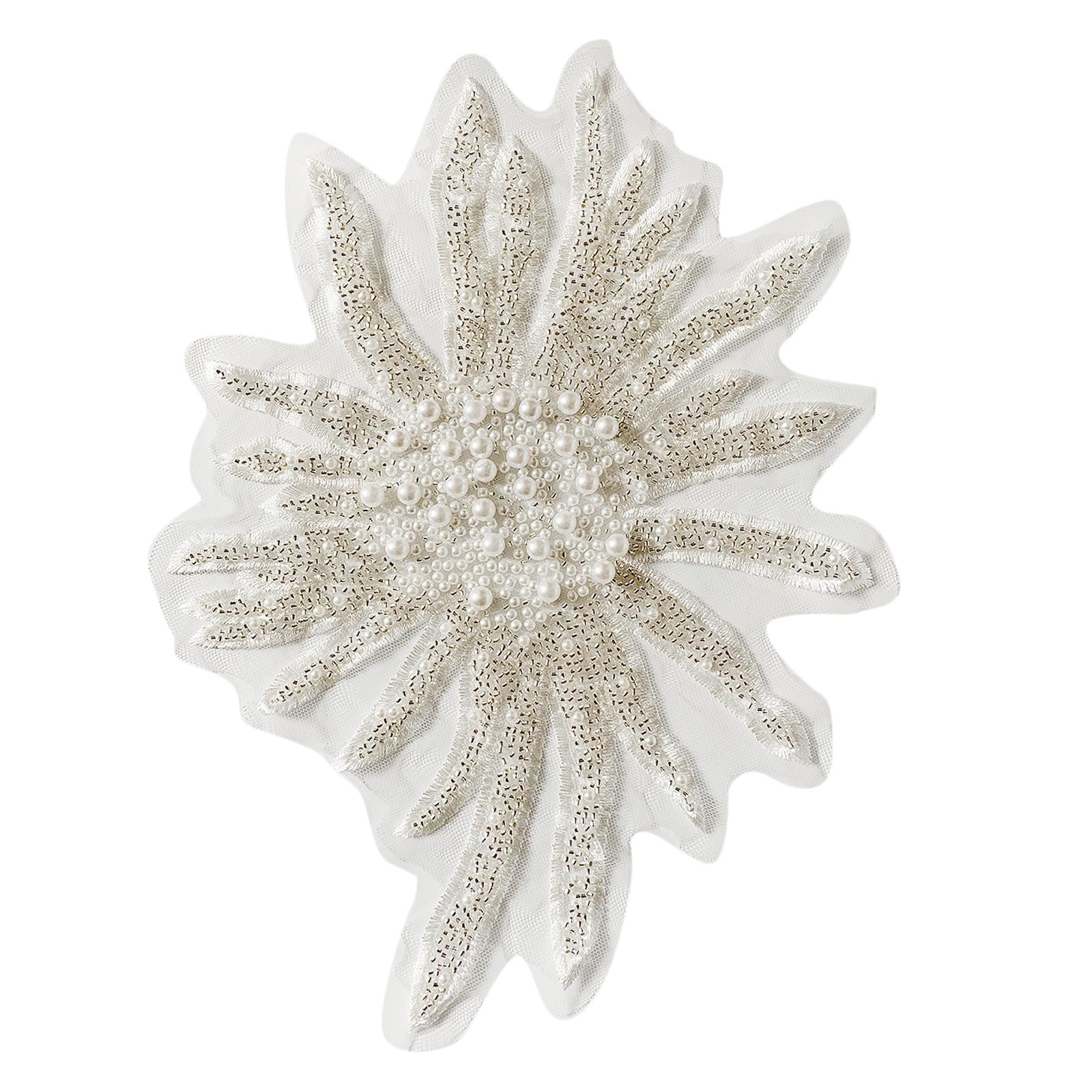 Faux Pearls Flower Patches Sew on Paste Embroidered Trim Appliques White
