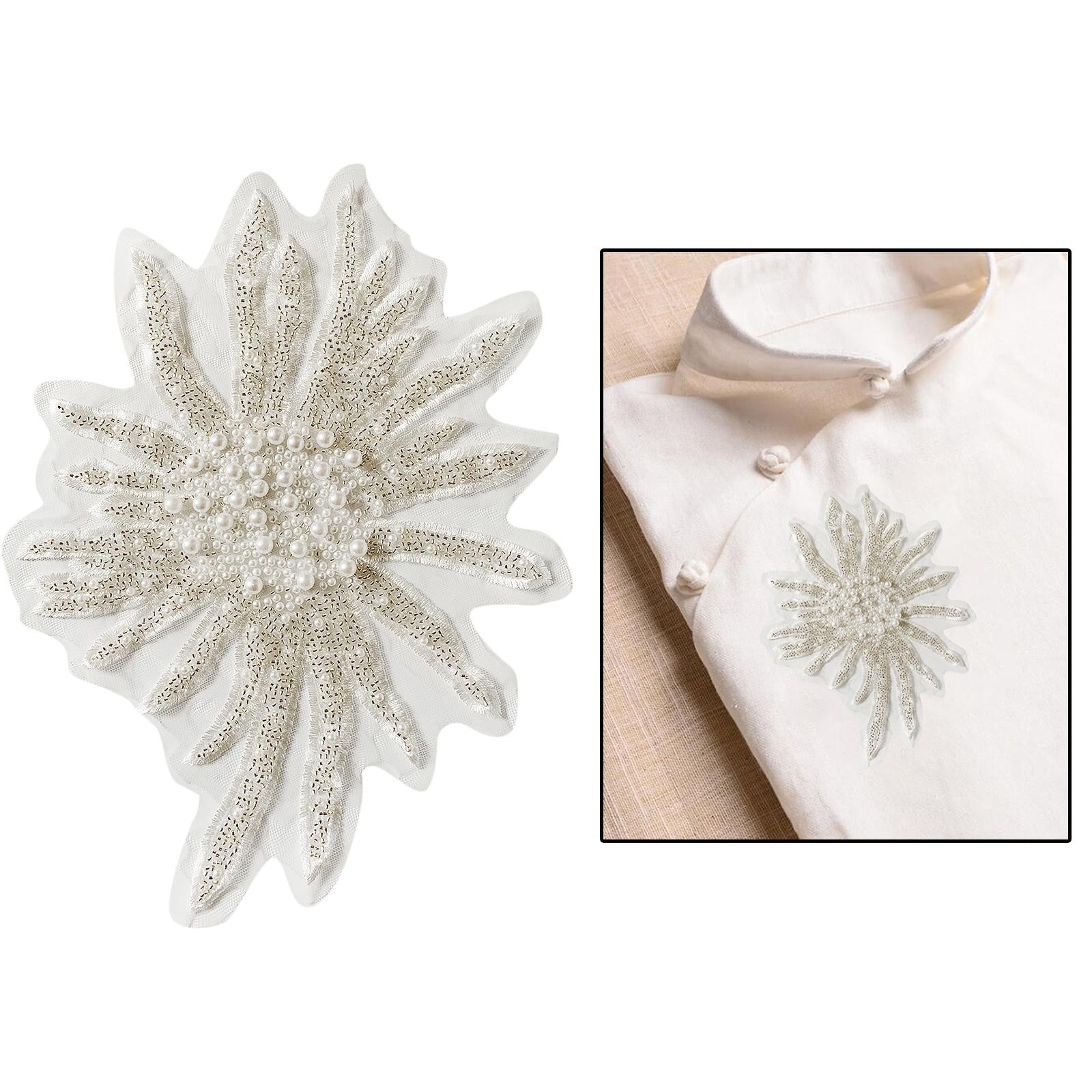 Faux Pearls Flower Patches Sew on Paste Embroidered Trim Appliques White