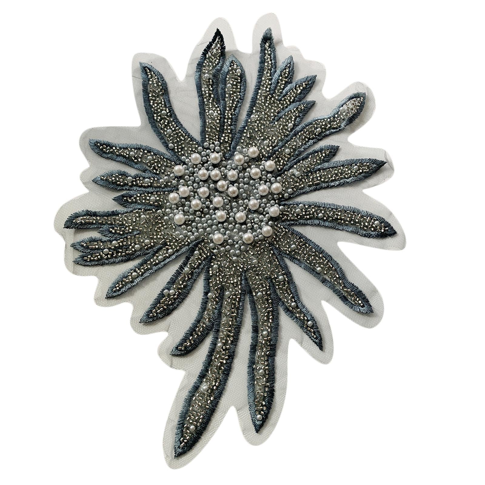 Faux Pearls Flower Patches Sew on Paste Embroidered Trim Appliques Grey