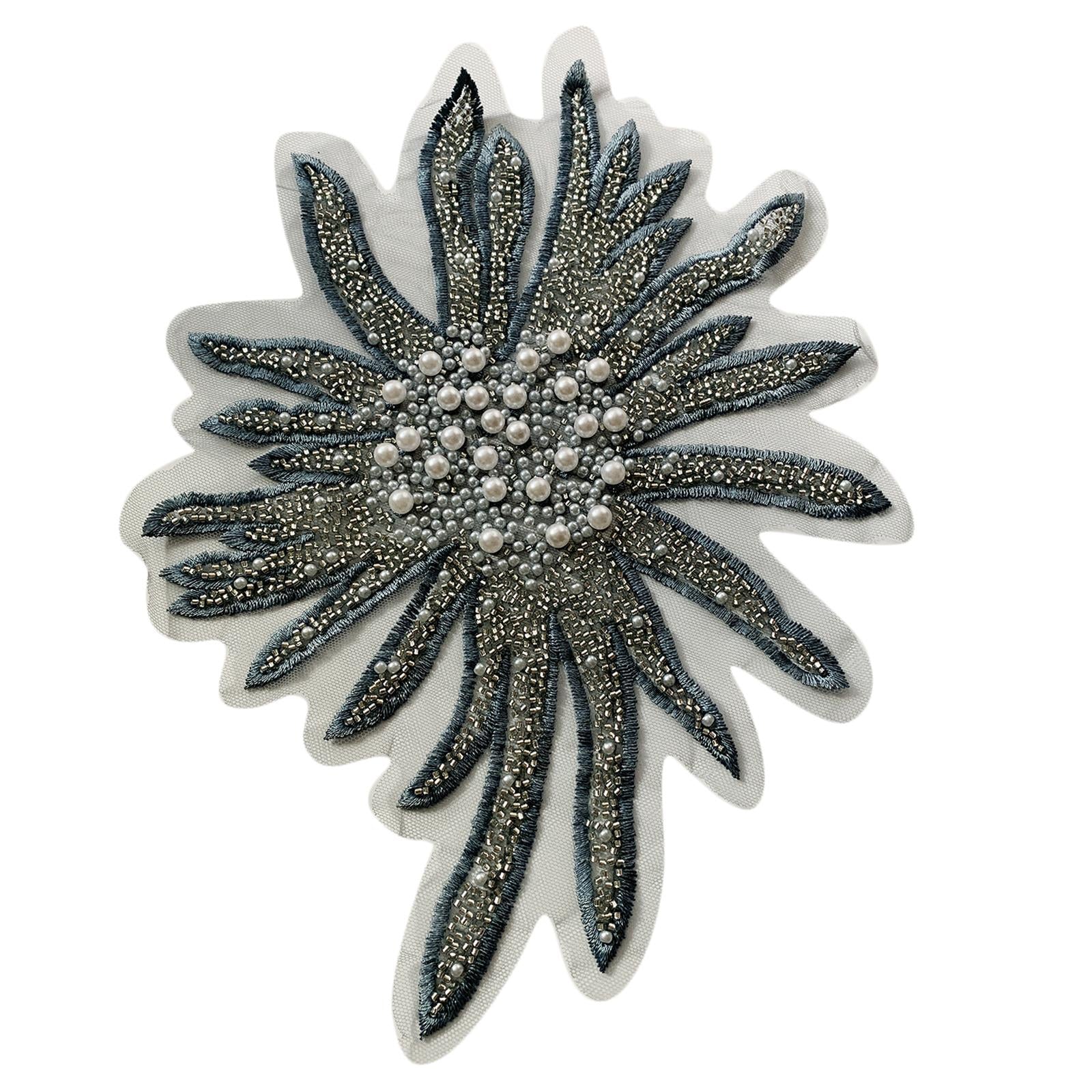 Faux Pearls Flower Patches Sew on Paste Embroidered Trim Appliques Grey