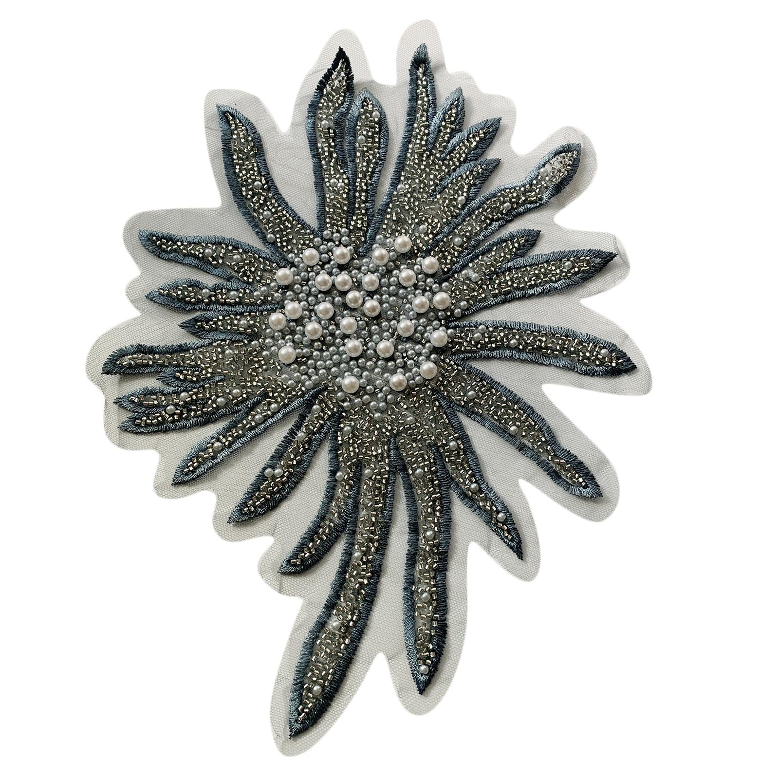 Faux Pearls Flower Patches Sew on Paste Embroidered Trim Appliques Grey