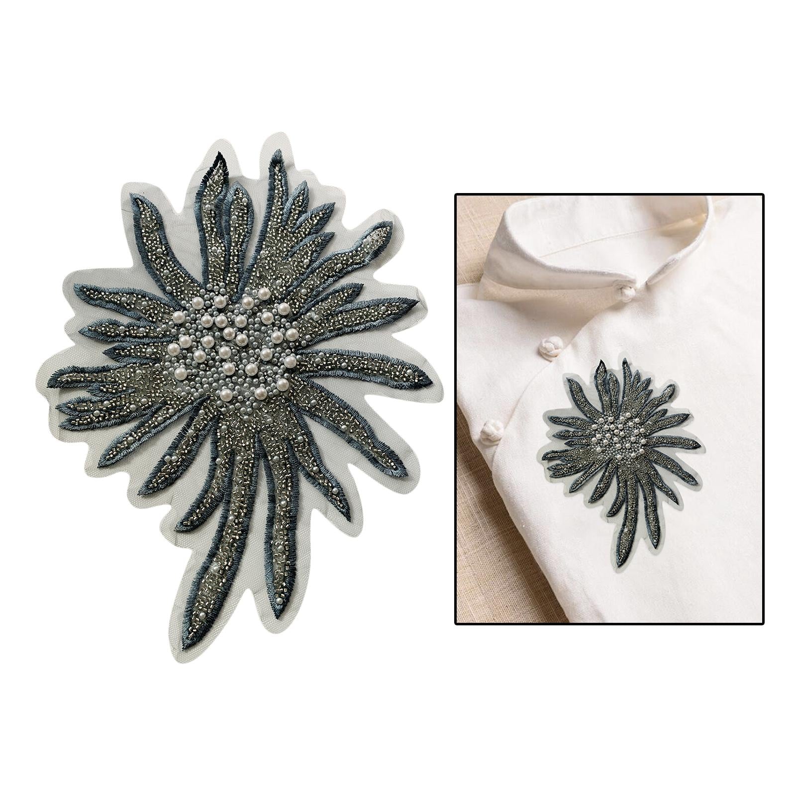 Faux Pearls Flower Patches Sew on Paste Embroidered Trim Appliques Grey