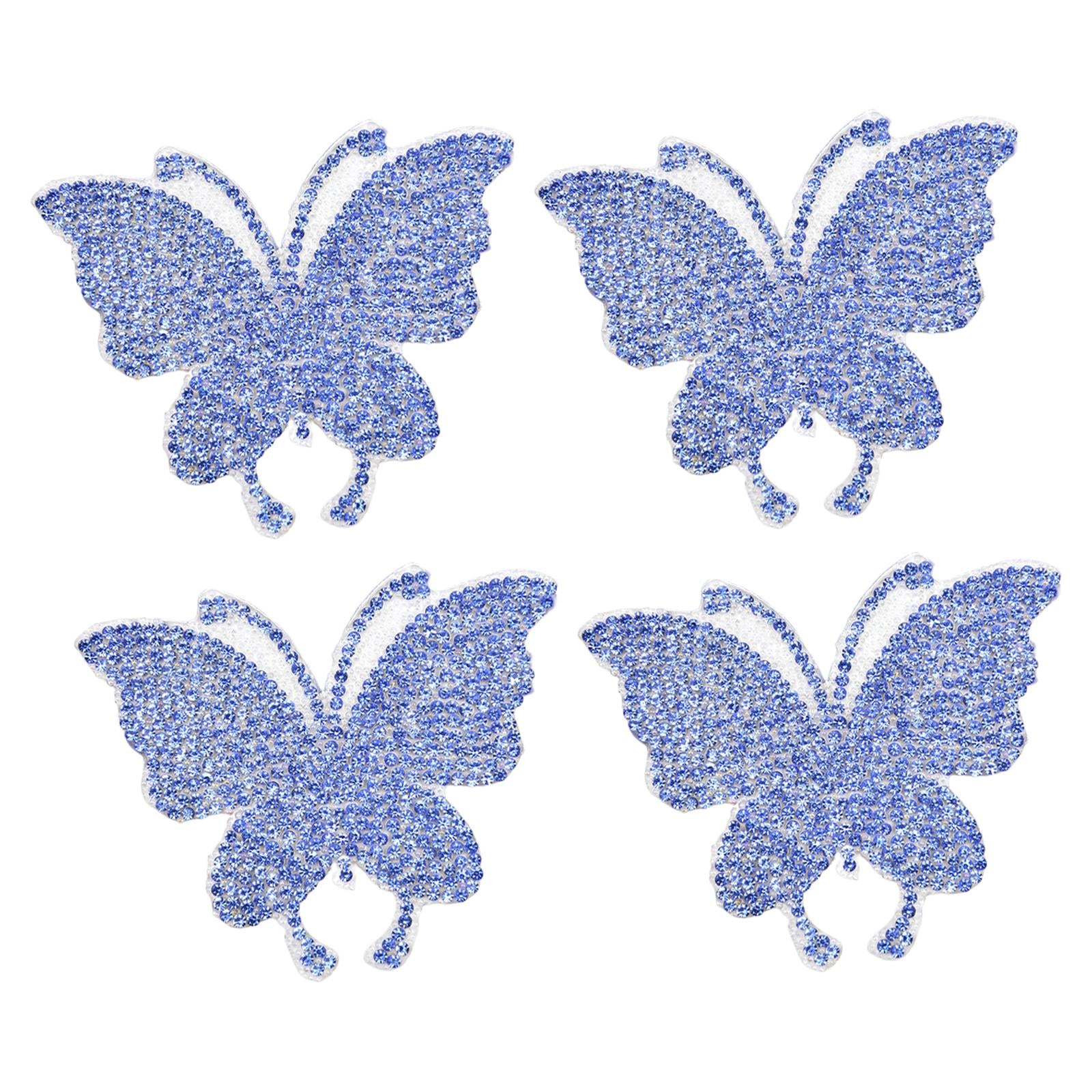 4PCS Rhinestone Butterfly Patches Iron On Sew on Patch Embroidered Appliques Light Blue