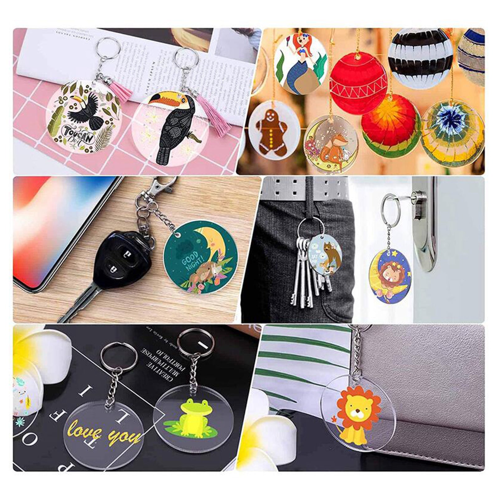 200PCS Acrylic Keychain Blanks With Tassel Bag Pendants Keyring Set Crafts
