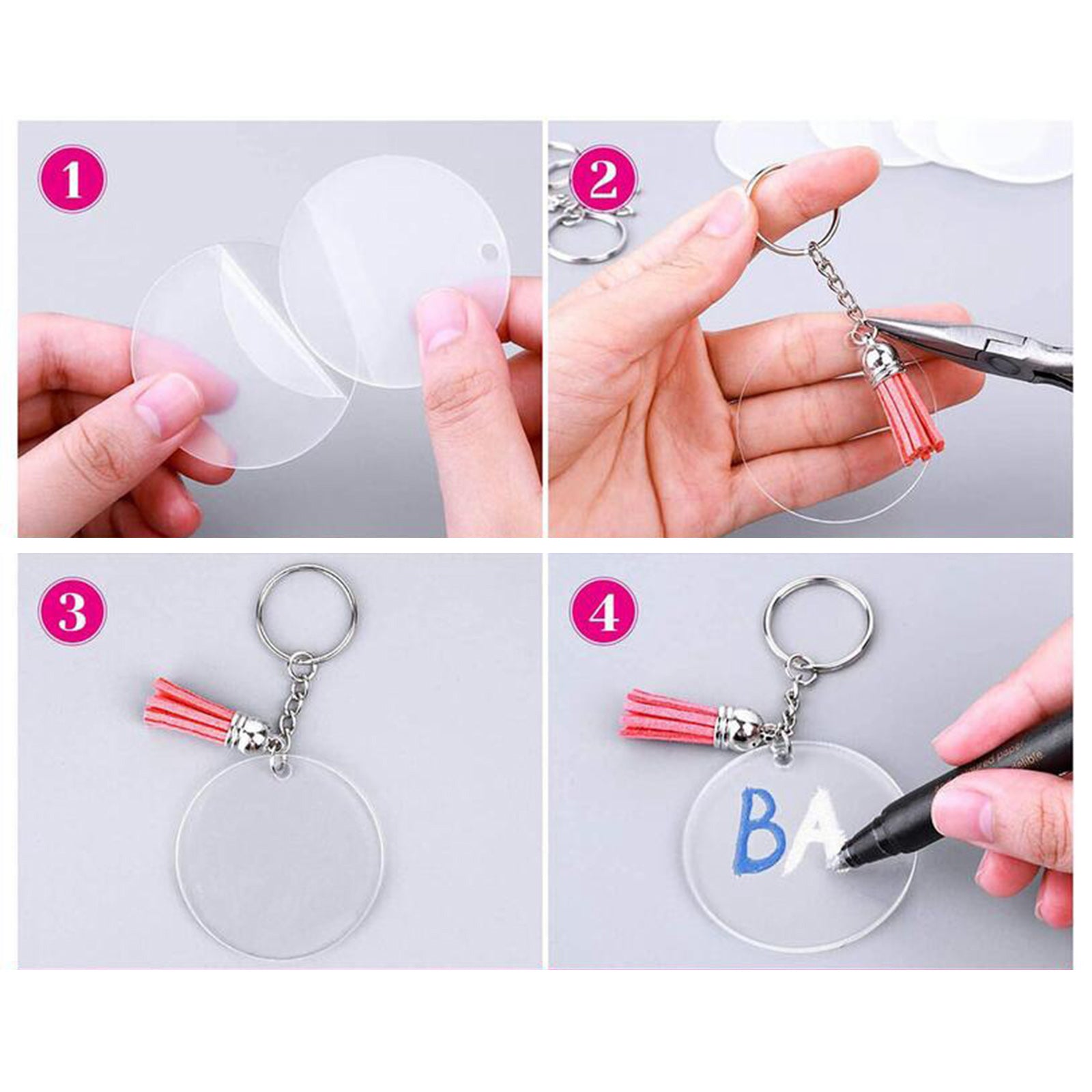 200PCS Acrylic Keychain Blanks With Tassel Bag Pendants Keyring Set Crafts