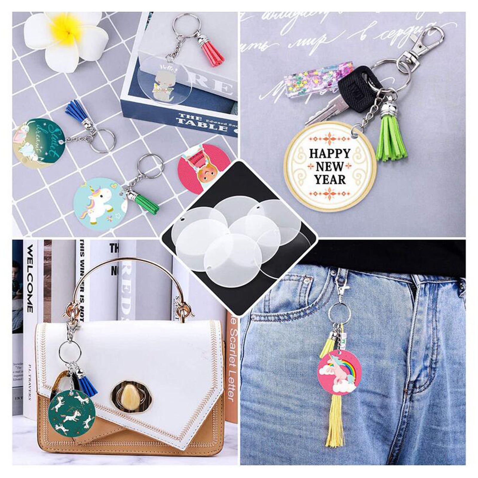 200PCS Acrylic Keychain Blanks With Tassel Bag Pendants Keyring Set Crafts