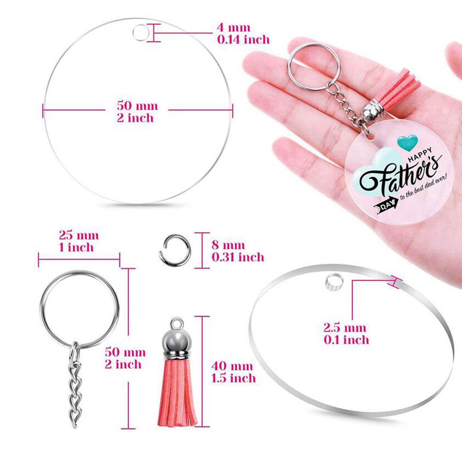 200PCS Acrylic Keychain Blanks With Tassel Bag Pendants Keyring Set Crafts