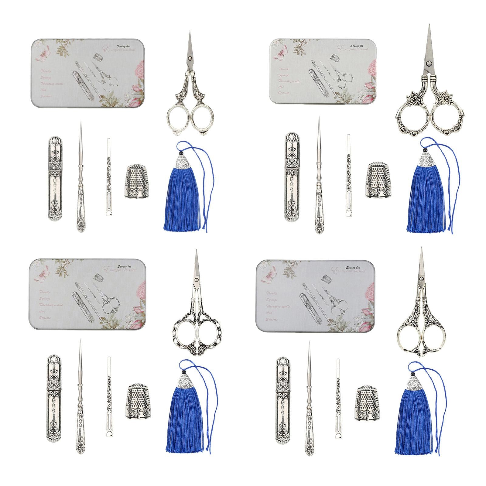 Vintage Scissor Set Needle Storage Tube Threader Thimble Kits Flower