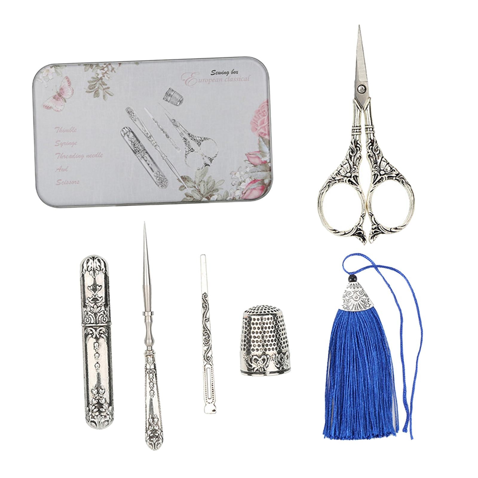 Vintage Scissor Set Needle Storage Tube Threader Thimble Kits Lily