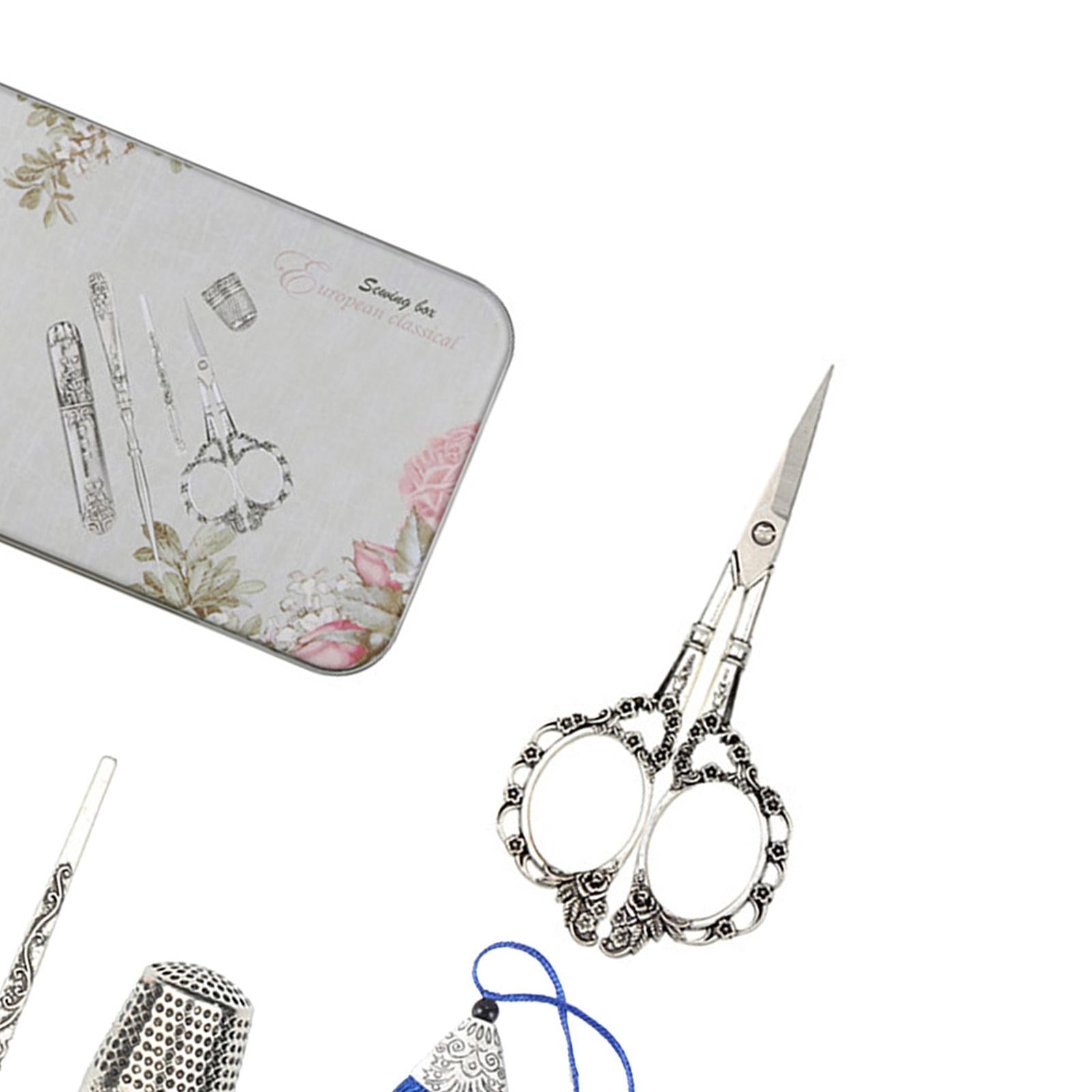 Vintage Scissor Set Needle Storage Tube Threader Thimble Kits Plum Blossom