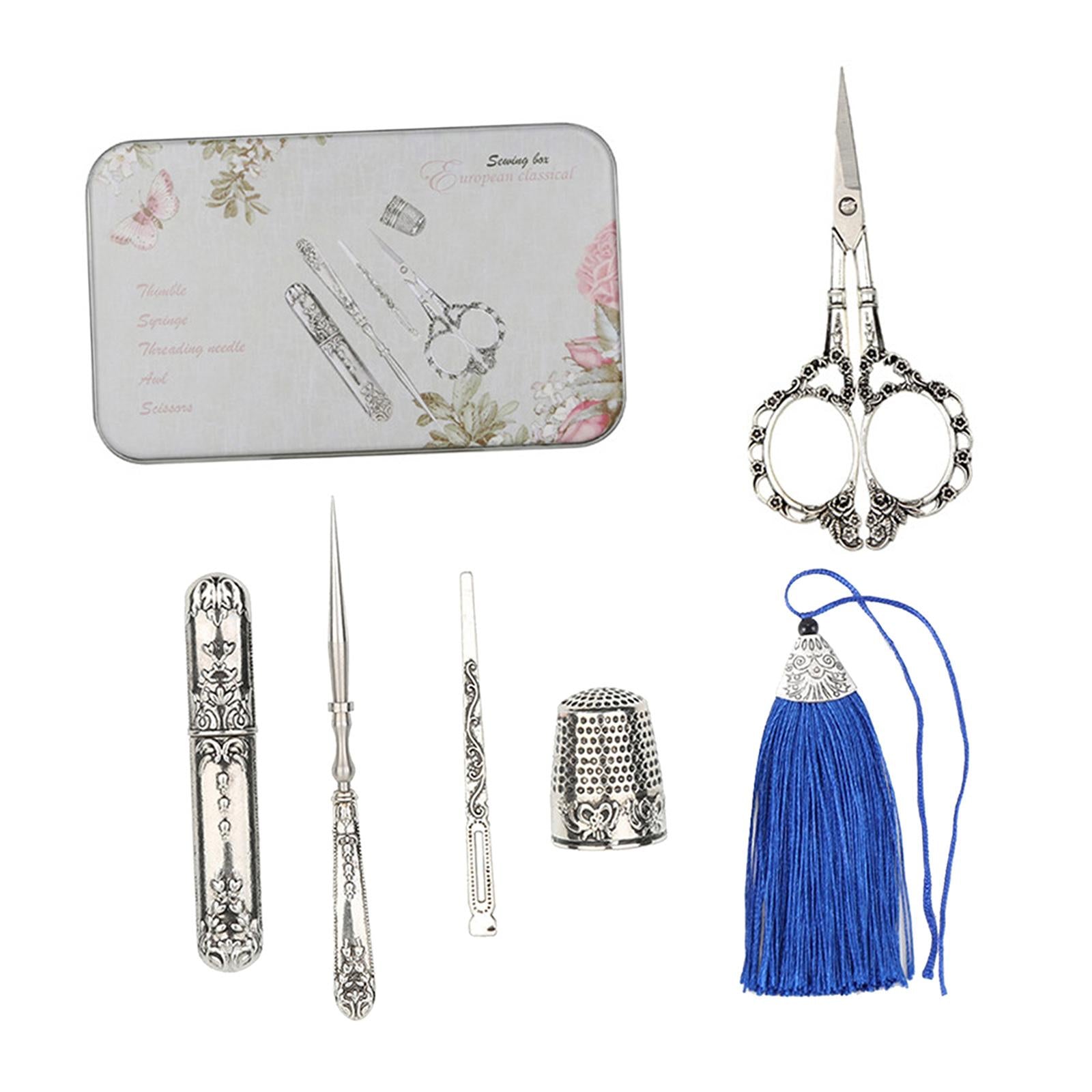 Vintage Scissor Set Needle Storage Tube Threader Thimble Kits Plum Blossom