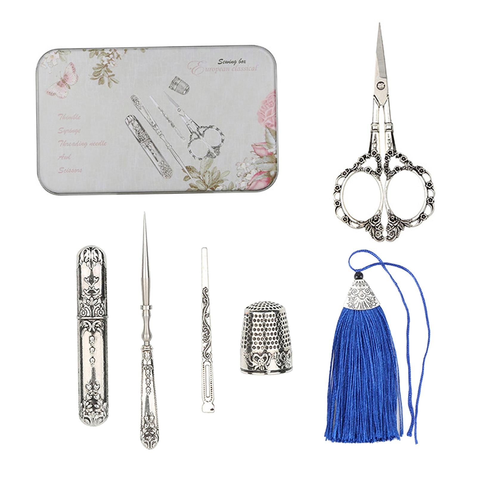 Vintage Scissor Set Needle Storage Tube Threader Thimble Kits Plum Blossom