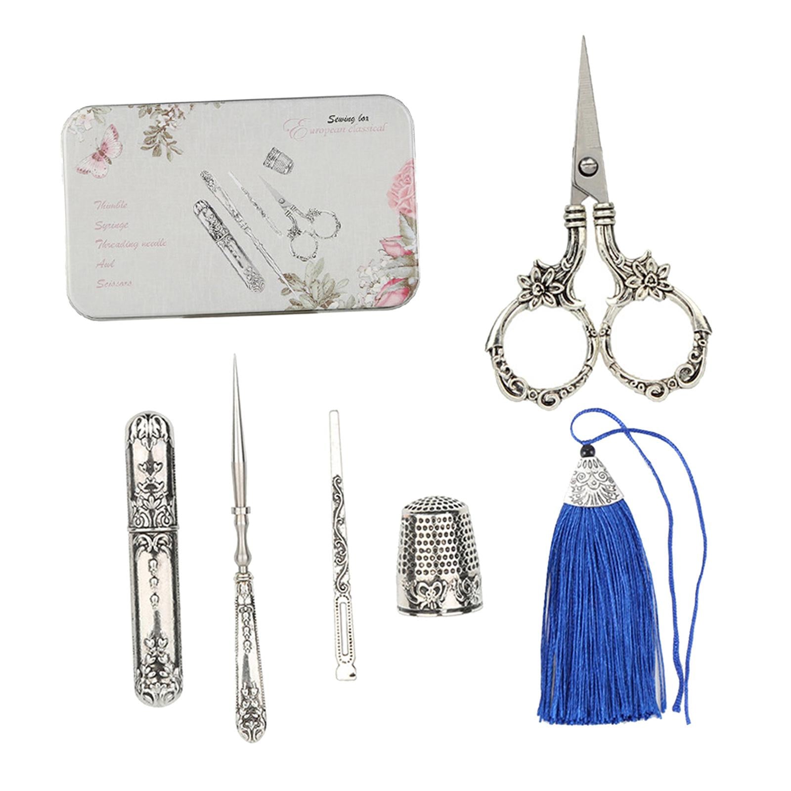 Vintage Scissor Set Needle Storage Tube Threader Thimble Kits Daisy