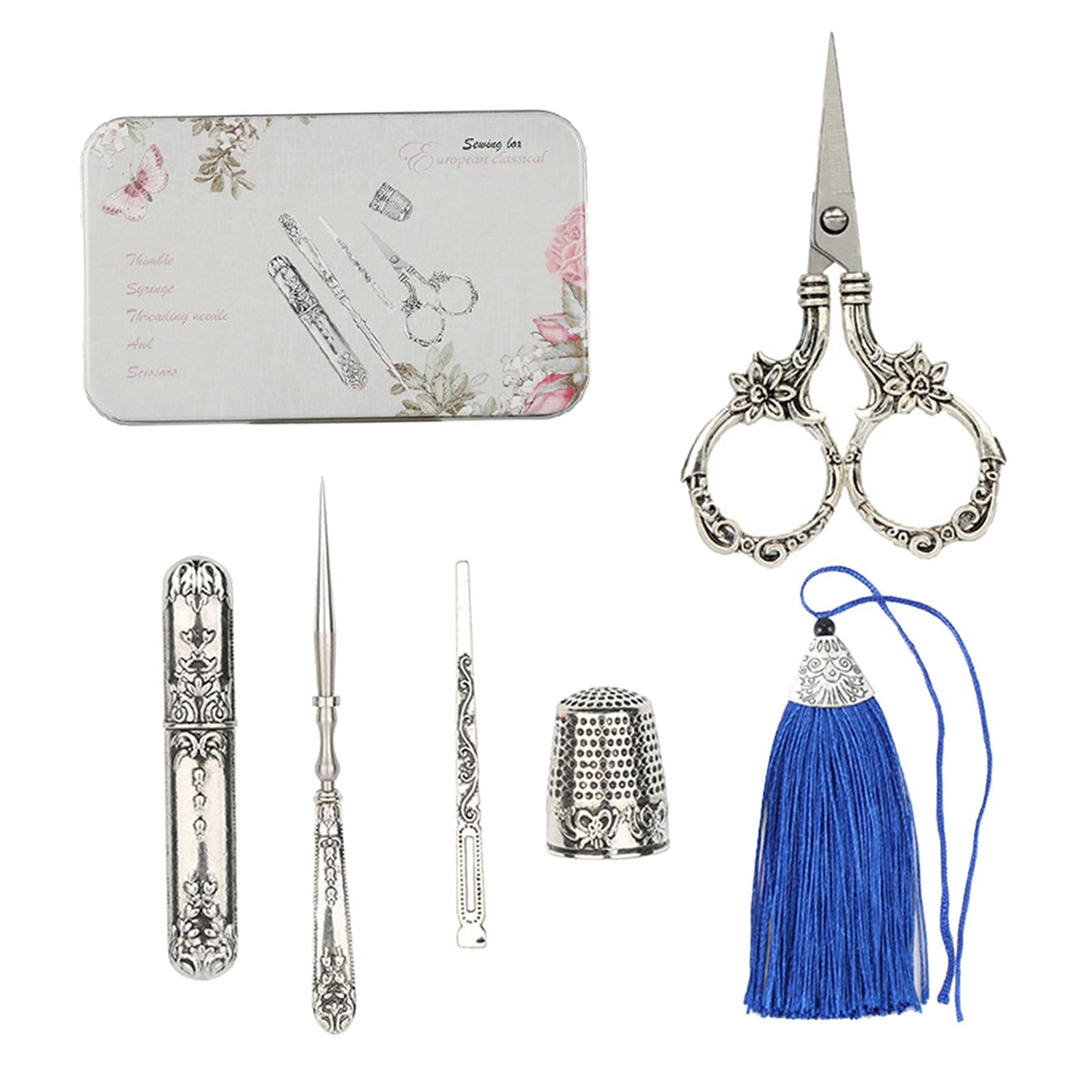 Vintage Scissor Set Needle Storage Tube Threader Thimble Kits Daisy