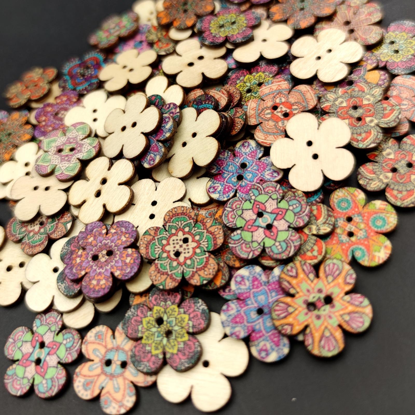 100pcs Mixed Random Flower Painting Wooden Retro Buttons Assorted Color 1