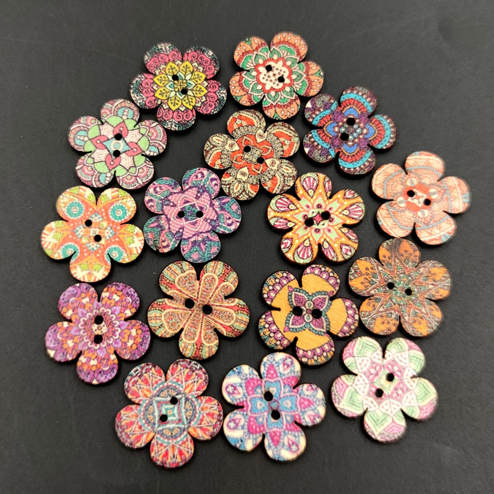 100pcs Mixed Random Flower Painting Wooden Retro Buttons Assorted Color 1