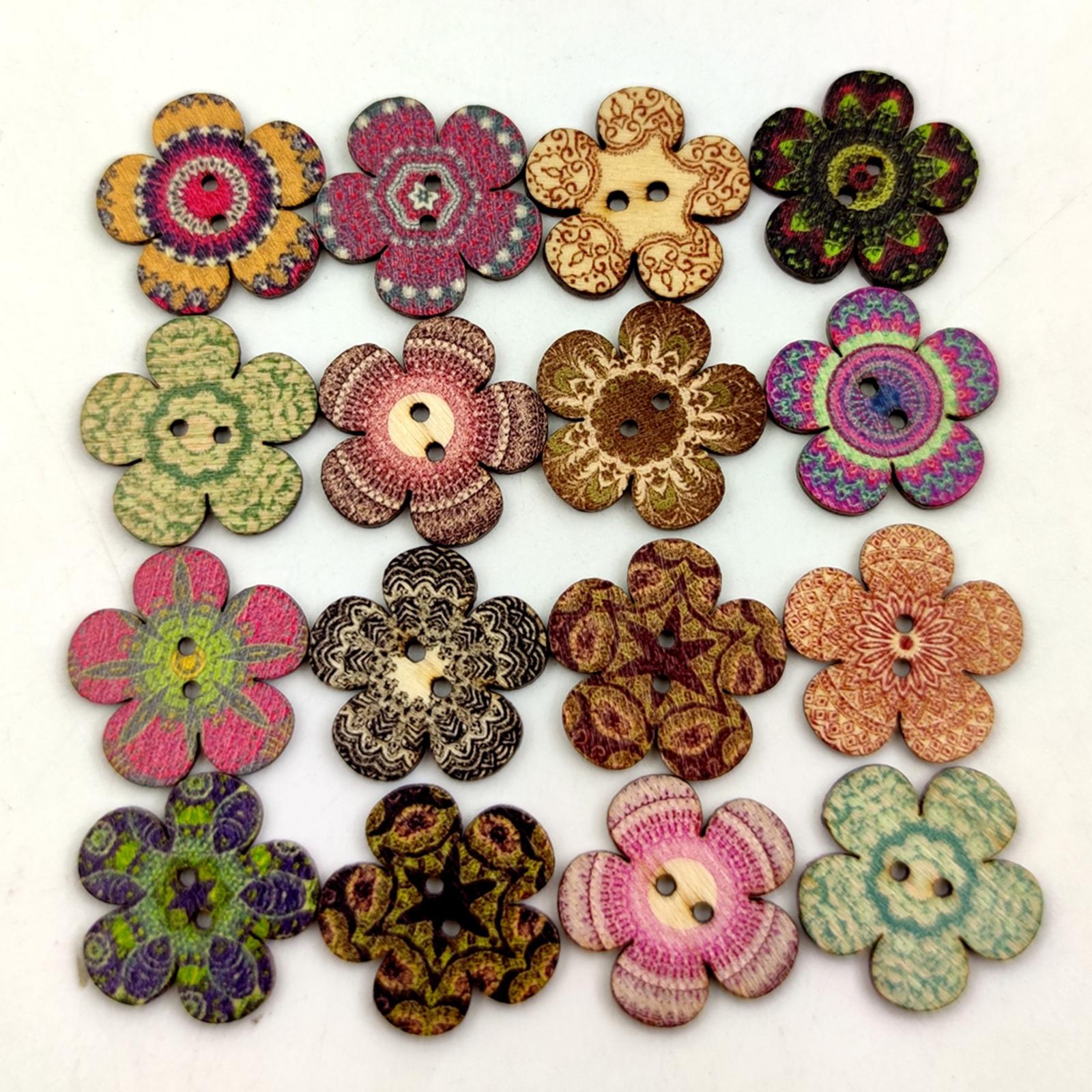 100pcs Mixed Random Flower Painting Wooden Retro Buttons Assorted Color 2