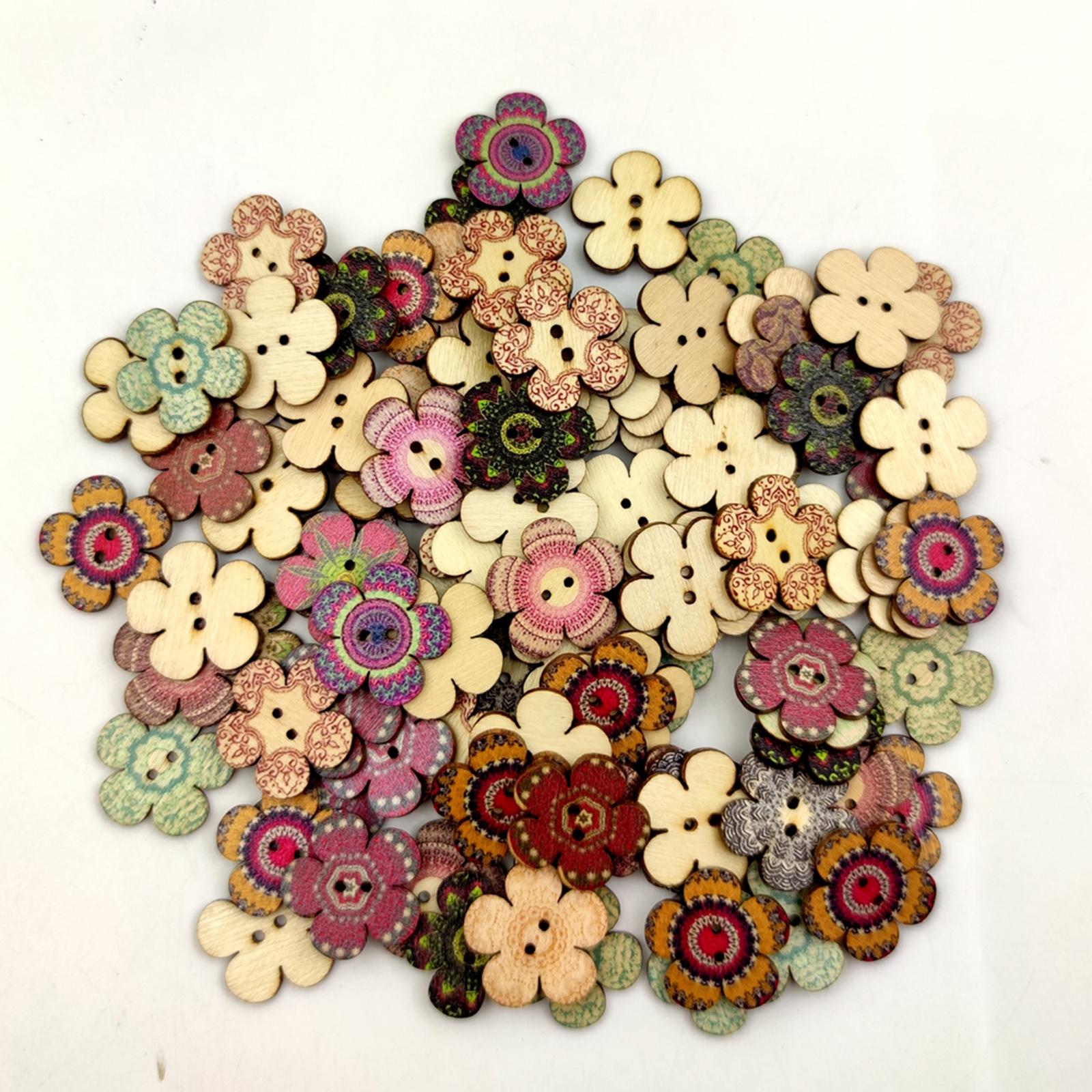 100pcs Mixed Random Flower Painting Wooden Retro Buttons Assorted Color 2