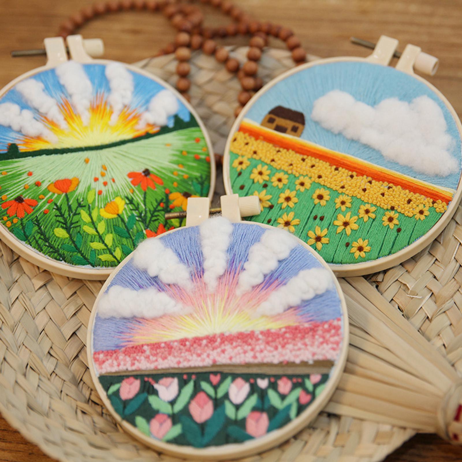 Hand Cross Stitch Needlework Kit With Embroidery Hoop Flowers