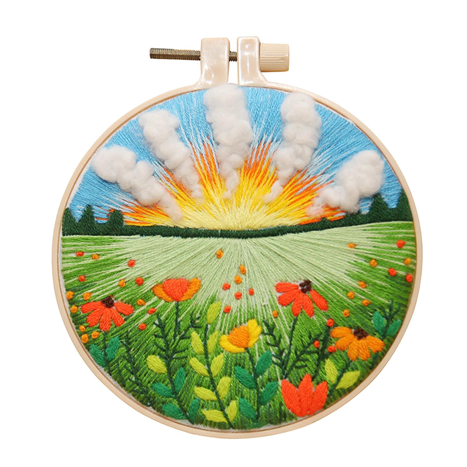 Hand Cross Stitch Needlework Kit With Embroidery Hoop Flowers