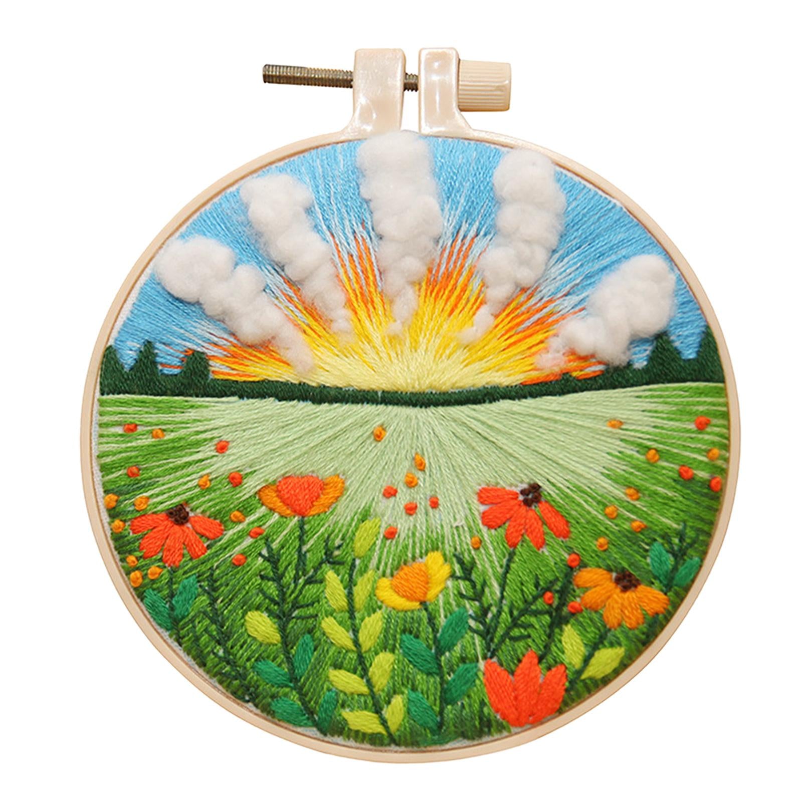 Hand Cross Stitch Needlework Kit With Embroidery Hoop Flowers