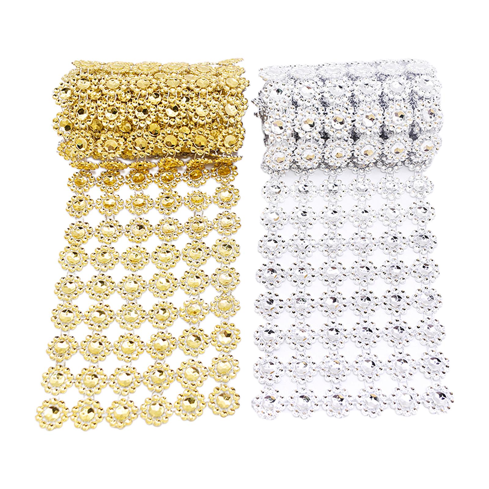 10 YD Mesh Wrap Tape Flower Crystal Diamond Ribbon for Wedding Gold