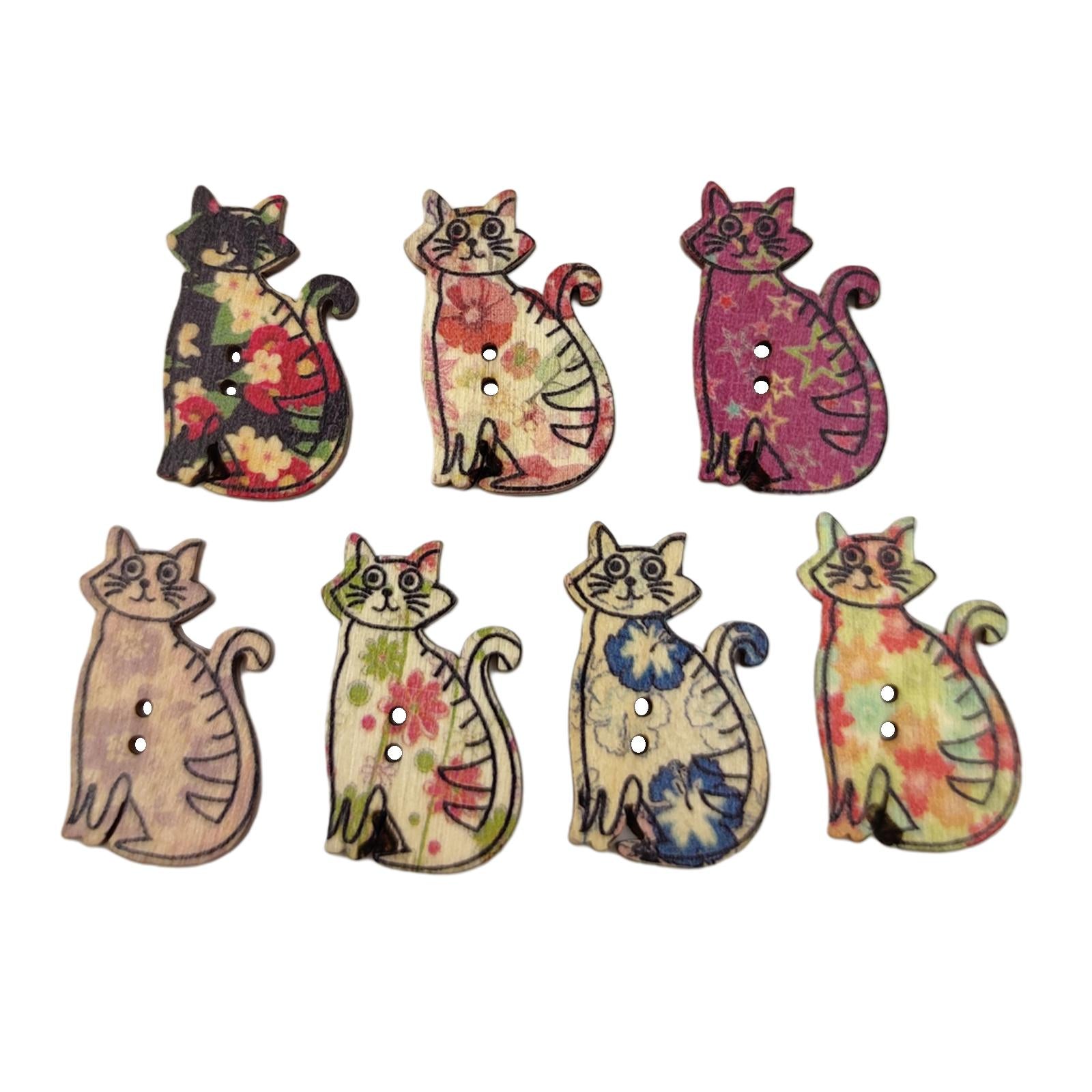 50Pcs Retro Animal Painting Wooden Buttons 2 Holes for Cloth Crafts Cat