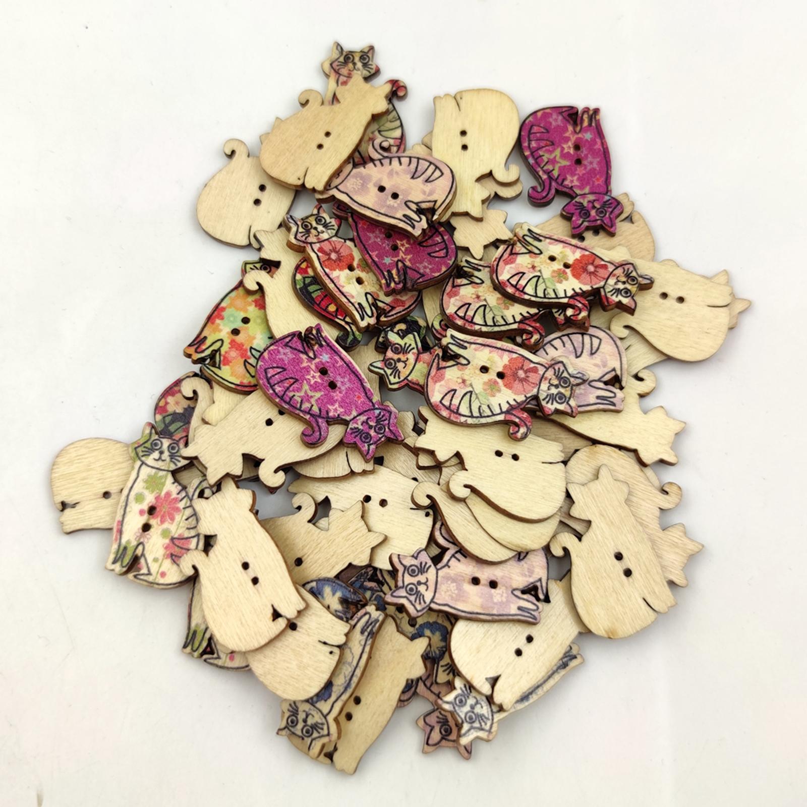 50Pcs Retro Animal Painting Wooden Buttons 2 Holes for Cloth Crafts Cat