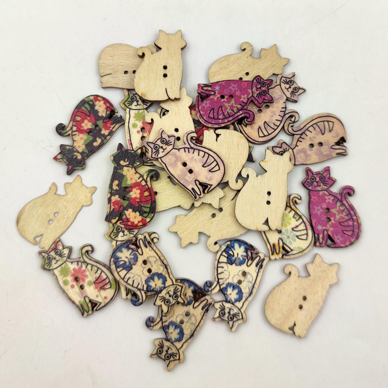 50Pcs Retro Animal Painting Wooden Buttons 2 Holes for Cloth Crafts Cat
