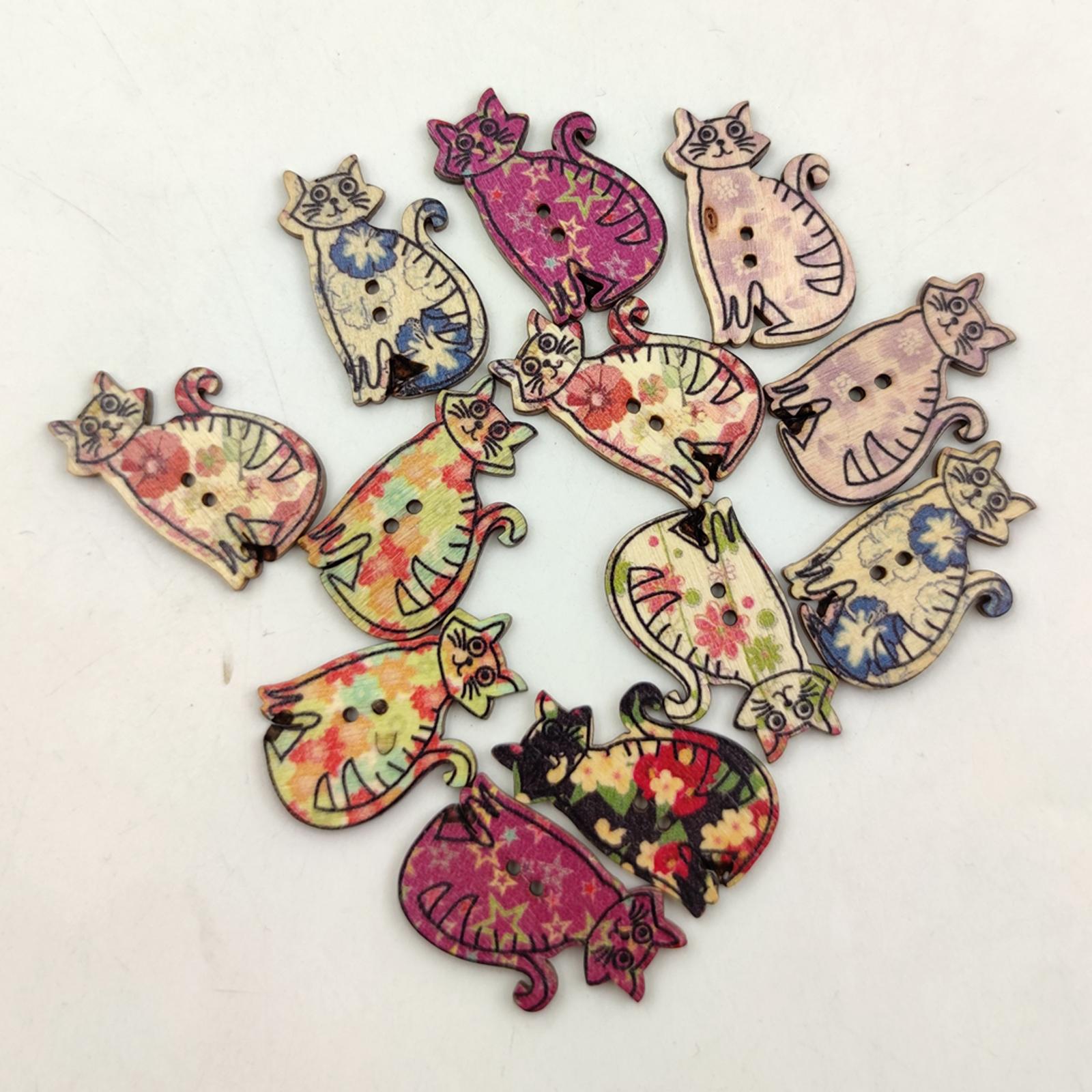 50Pcs Retro Animal Painting Wooden Buttons 2 Holes for Cloth Crafts Cat