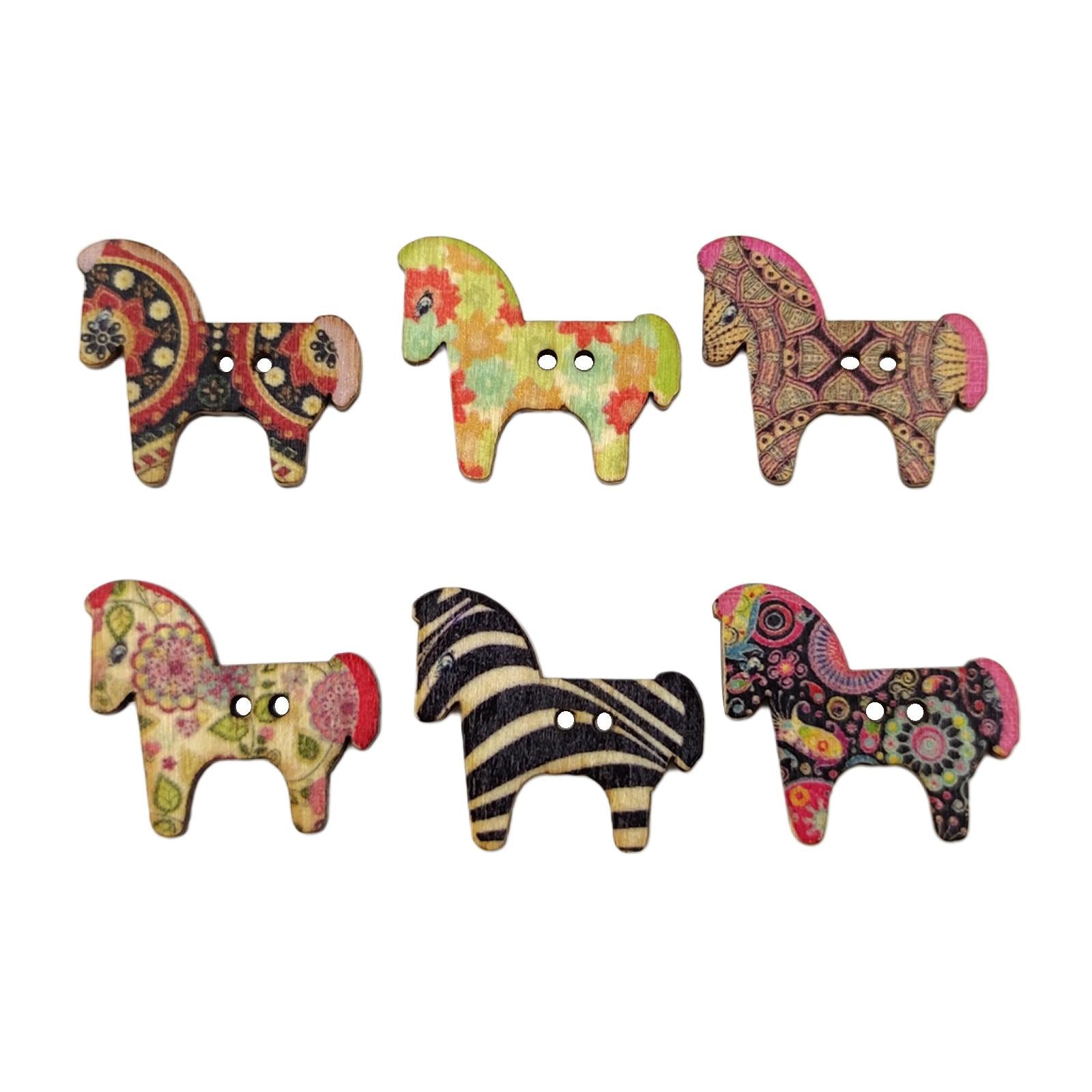 50Pcs Retro Animal Painting Wooden Buttons 2 Holes for Cloth Crafts Pony