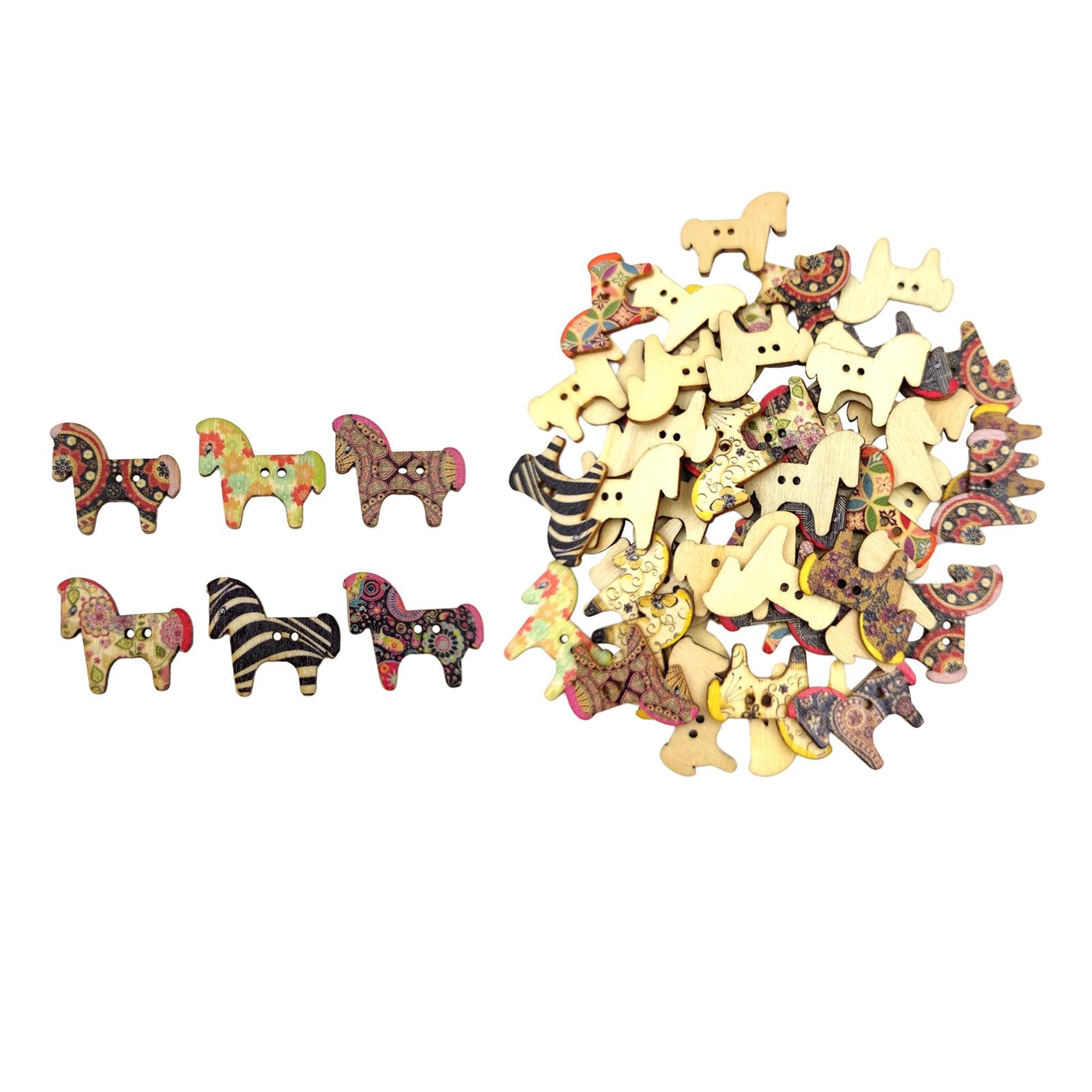 50Pcs Retro Animal Painting Wooden Buttons 2 Holes for Cloth Crafts Pony