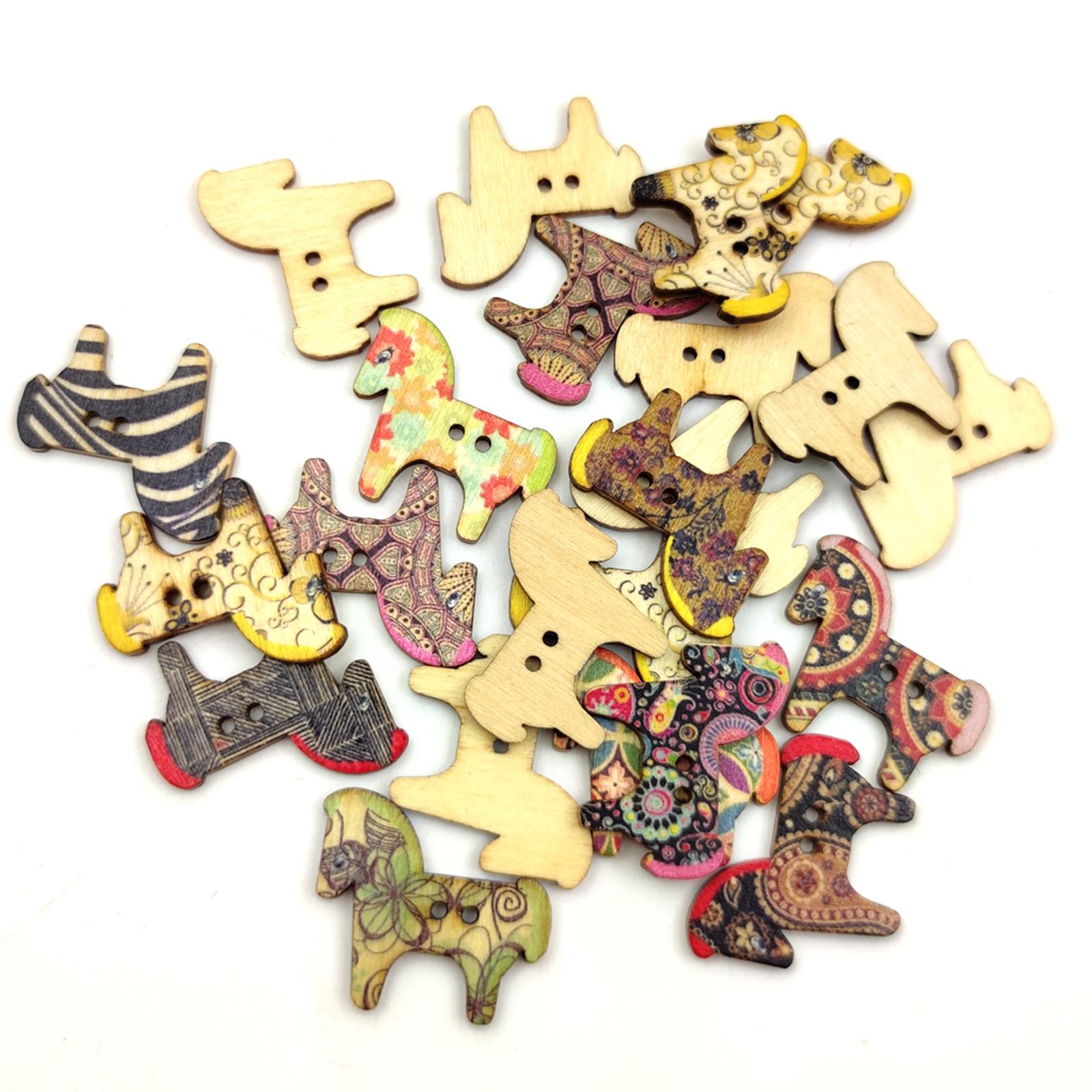 50Pcs Retro Animal Painting Wooden Buttons 2 Holes for Cloth Crafts Pony