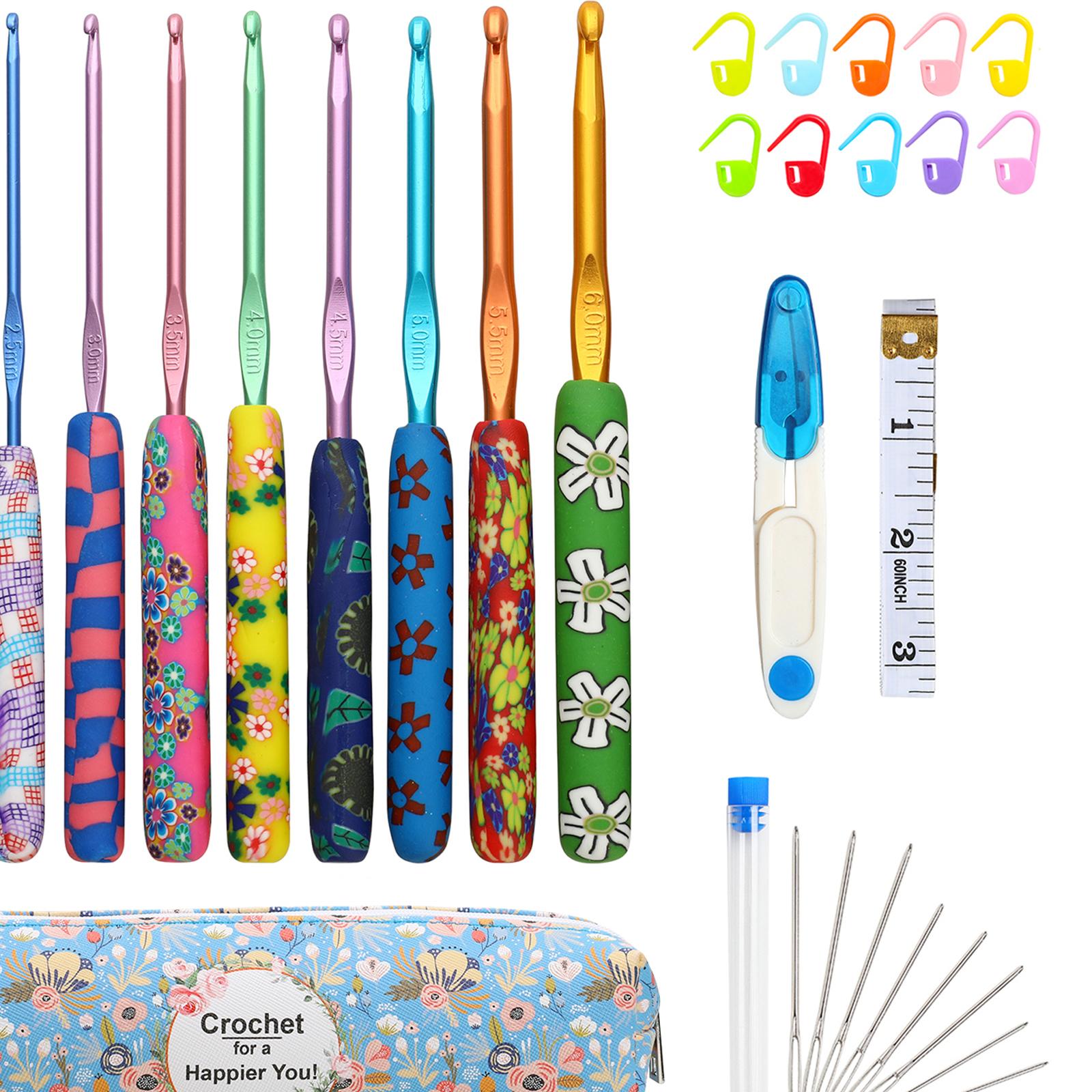 31Pcs Crochet Hook Kit Yarn Knitting Hooks + Case 9-Sizes for Beginners Blue Case