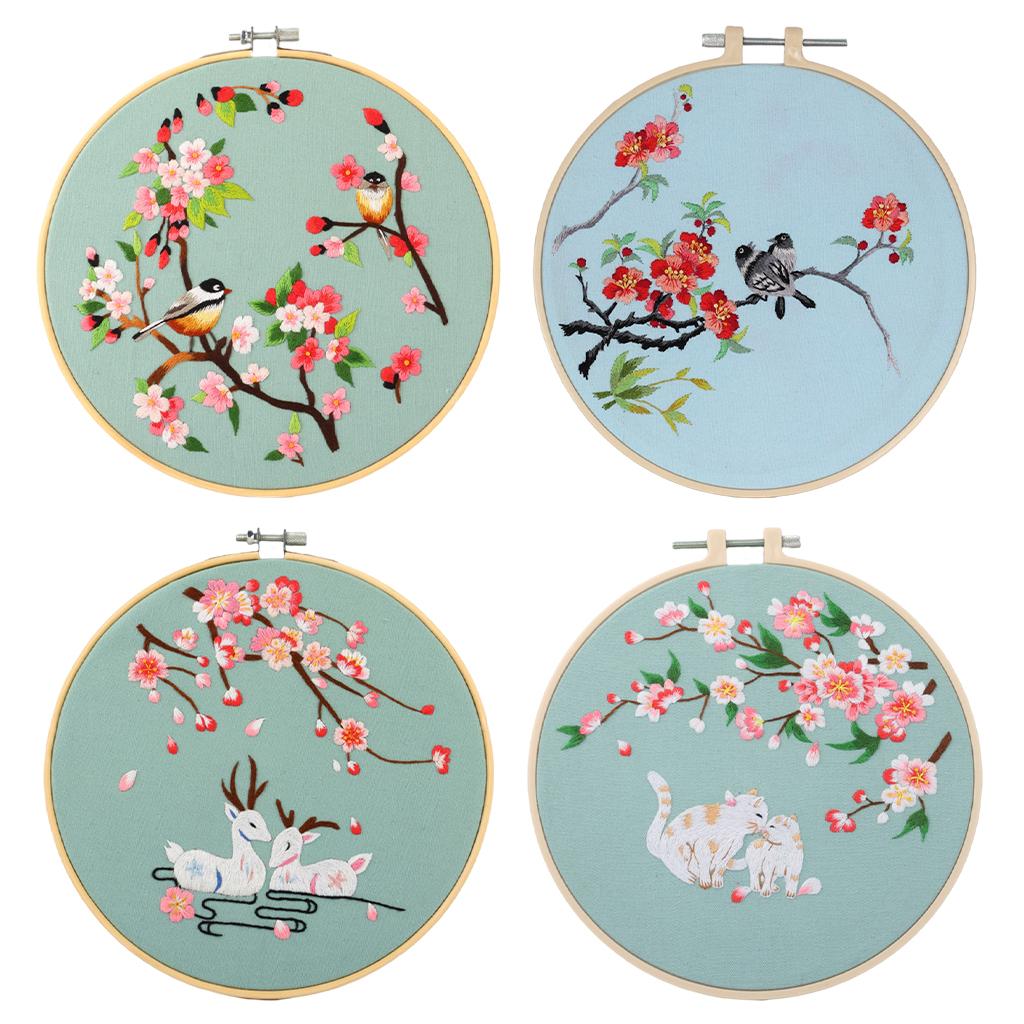 Cross Stitch Kit DIY Floral Flower Sewing Embroidery with Hoop Black Birds