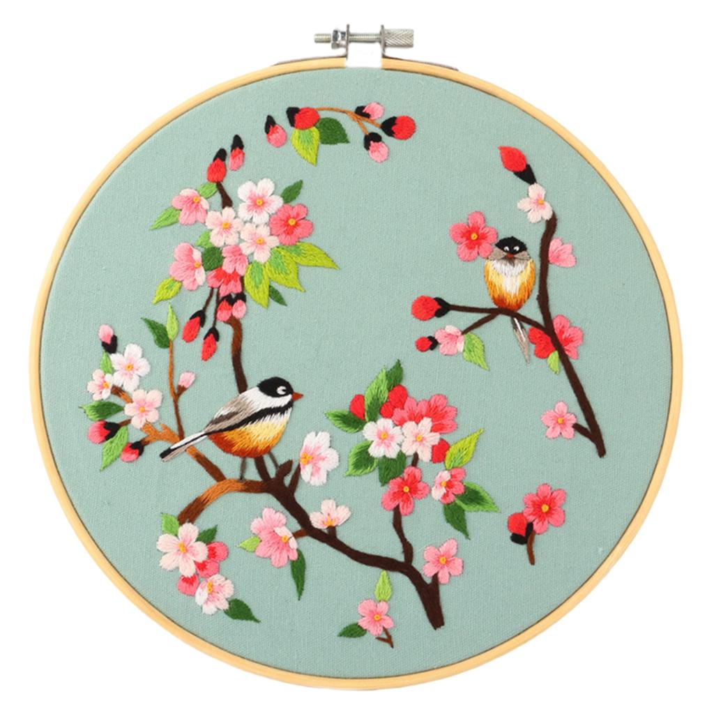 Cross Stitch Kit DIY Floral Flower Sewing Embroidery with Hoop Yellow Birds