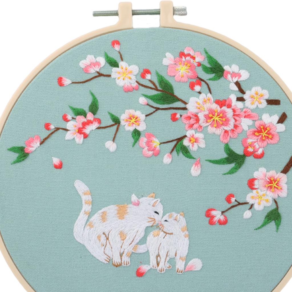 Cross Stitch Kit DIY Floral Flower Sewing Embroidery with Hoop Two Cats