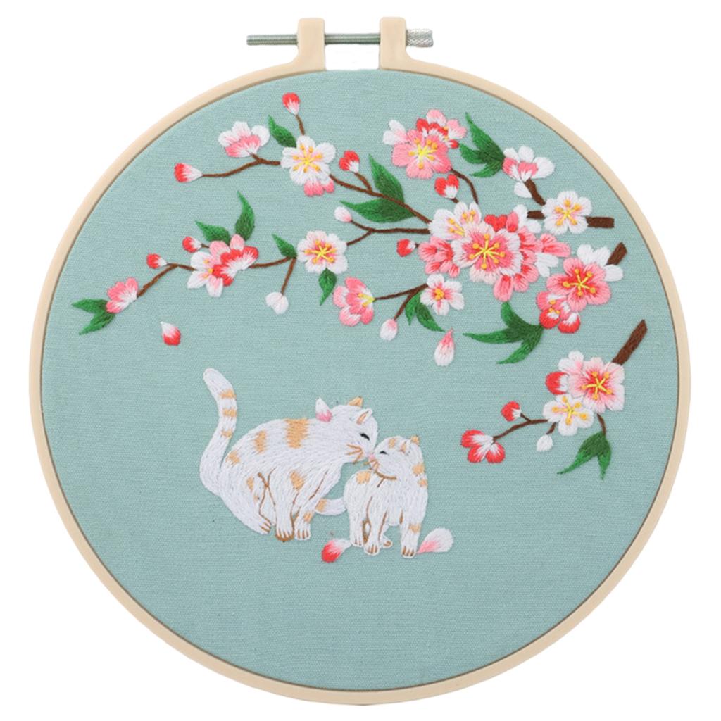 Cross Stitch Kit DIY Floral Flower Sewing Embroidery with Hoop Two Cats
