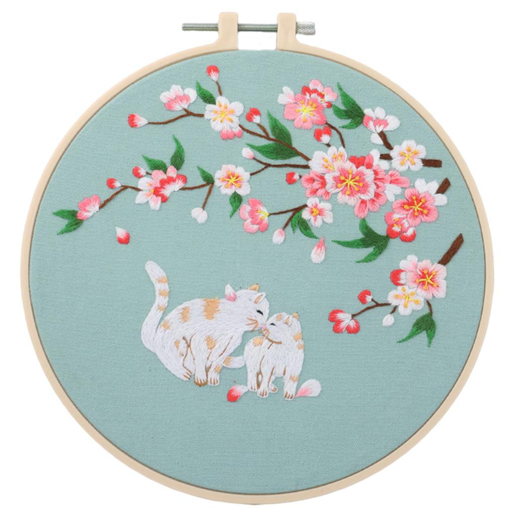 Cross Stitch Kit DIY Floral Flower Sewing Embroidery with Hoop Two Cats