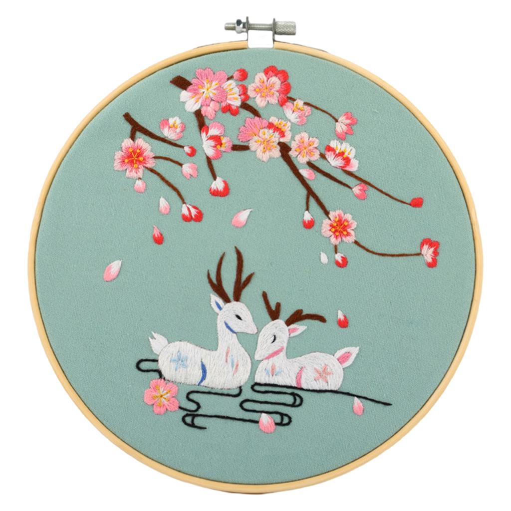 Cross Stitch Kit DIY Floral Flower Sewing Embroidery with Hoop Two Deers